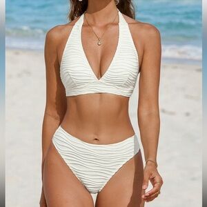 Brand New Cupshe White Plunging Halterneck Bikini Top & Cheeky Bottoms Swim Set